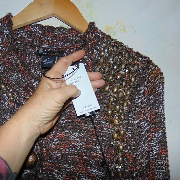 BCBG MaxAzria Cardigan Sweater Brown L Beaded Brass Button Chunky Knit Crochet - Picture 9 of 9